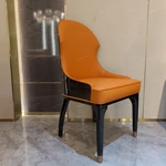 High-Gloss Wood Back Dining Chair with Orange Leather Upholstery